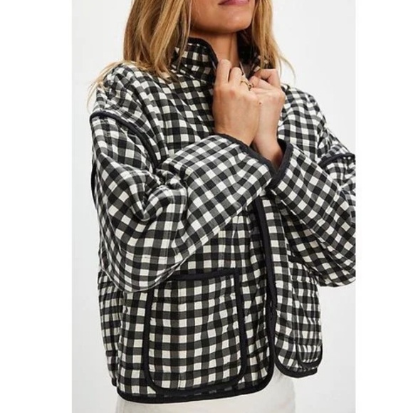 Free People Jackets & Blazers - NEW Free People Chloe Jacket in Raven Black White Gingham Coat Size Large